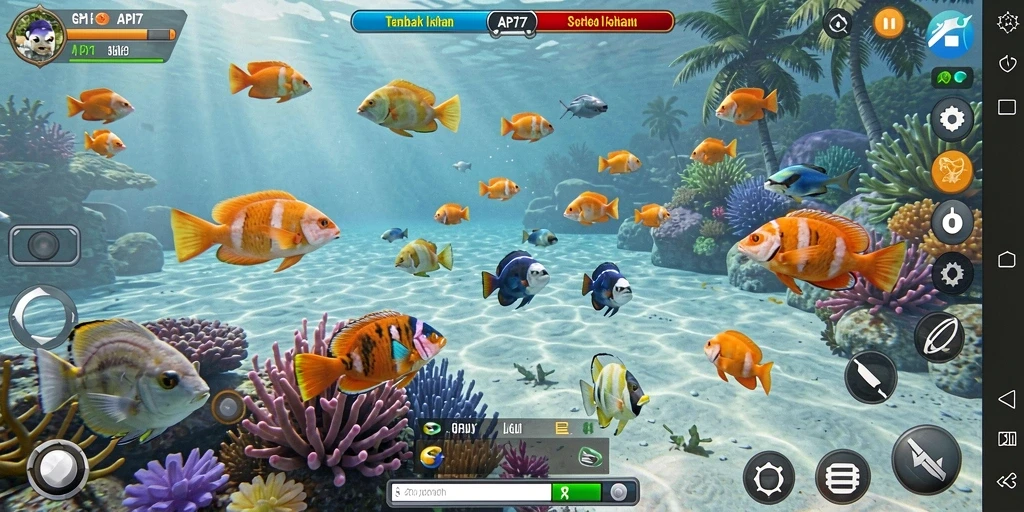 Tampilan gameplay seru dari API77 dengan ikan berwarna-warni.