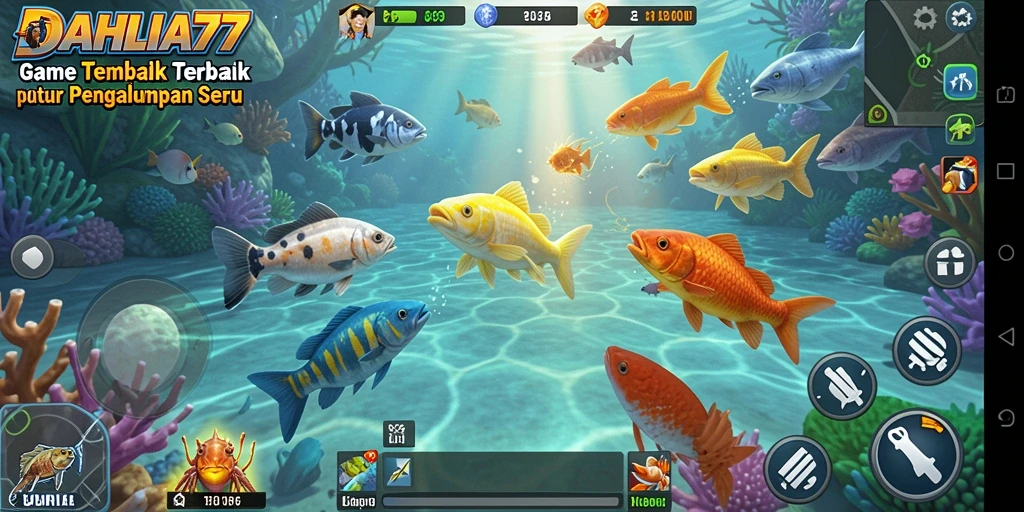 Screenshot gameplay DAHLIA77 saat menangkap ikan besar di lautan.