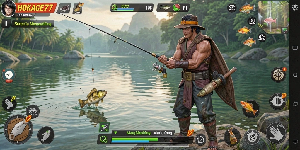 Screenshot HOKAGE77 menampilkan momen seru saat memancing ikan besar.