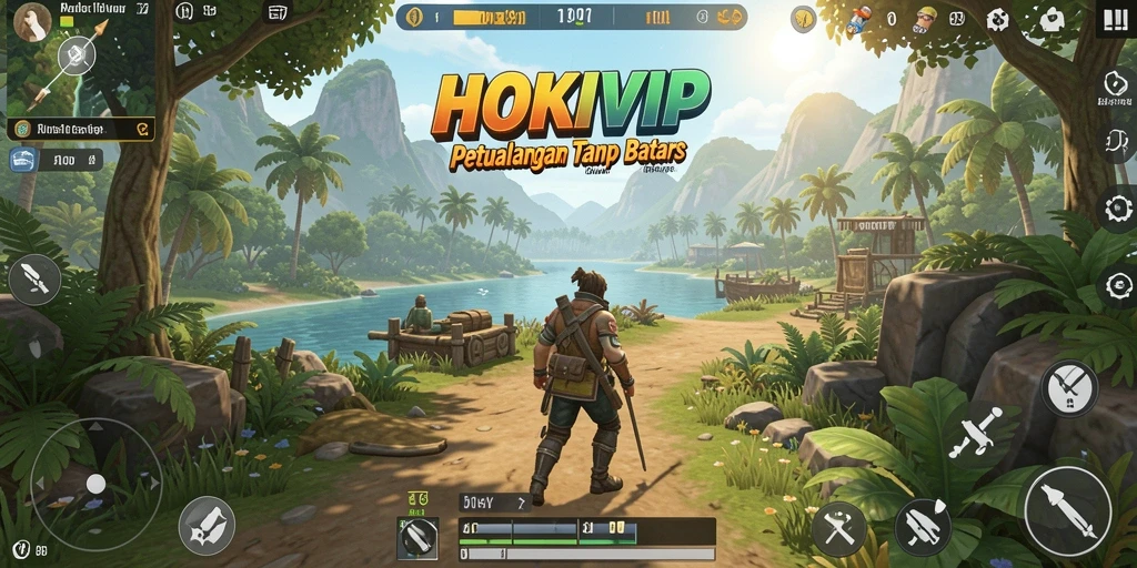 Tampilan gameplay HOKIVIP, menunjukkan dunia terbuka yang luas dan penuh eksplorasi.