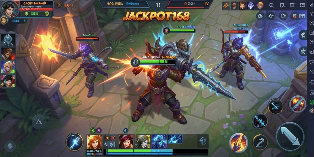 Gameplay seru dari JACKPOT168 MOBA dengan aksi karakter.