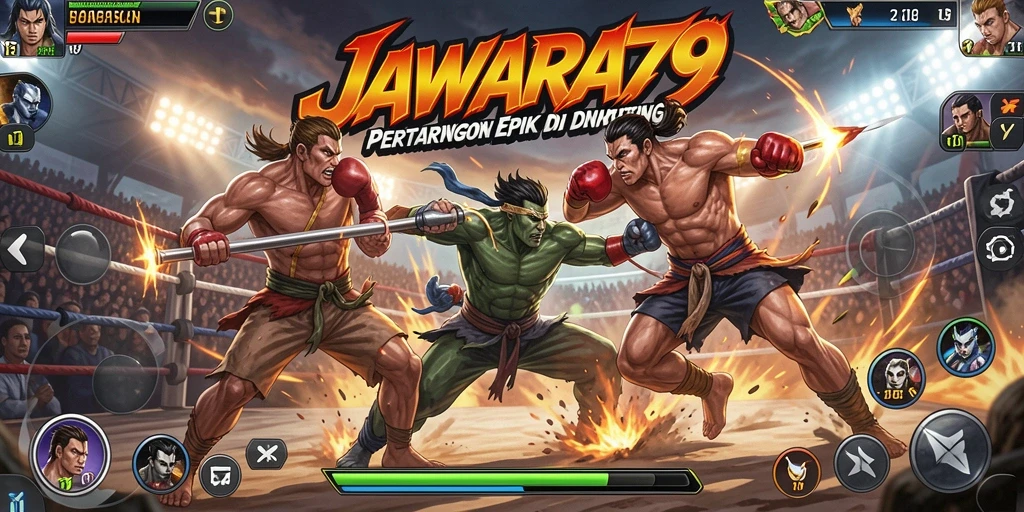 Screenshot utama JAWARA79 dengan aksi pertarungan intens.