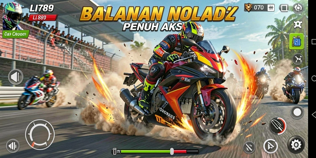 Tampilan gameplay menegangkan dari LI789 yang penuh aksi balapan motor.