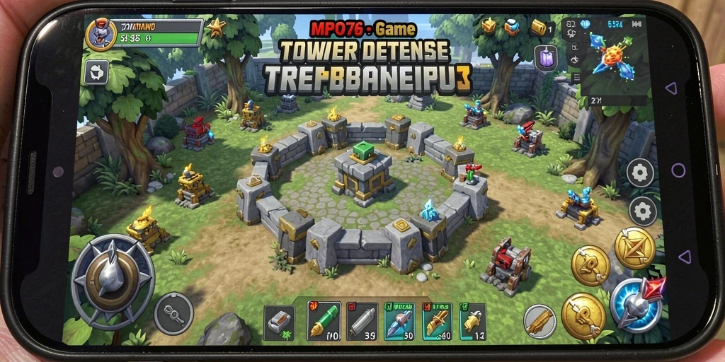 Screenshot MPO76 menampilkan pertarungan menara melawan gelombang musuh.