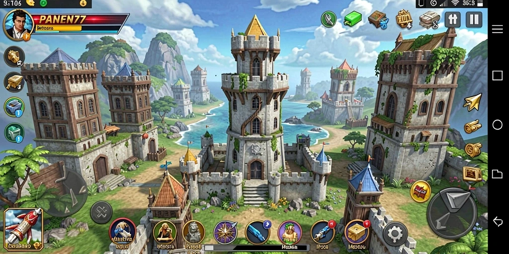 Tampilan gameplay PANEN77 dengan berbagai menara strategis dan musuh yang beragam.