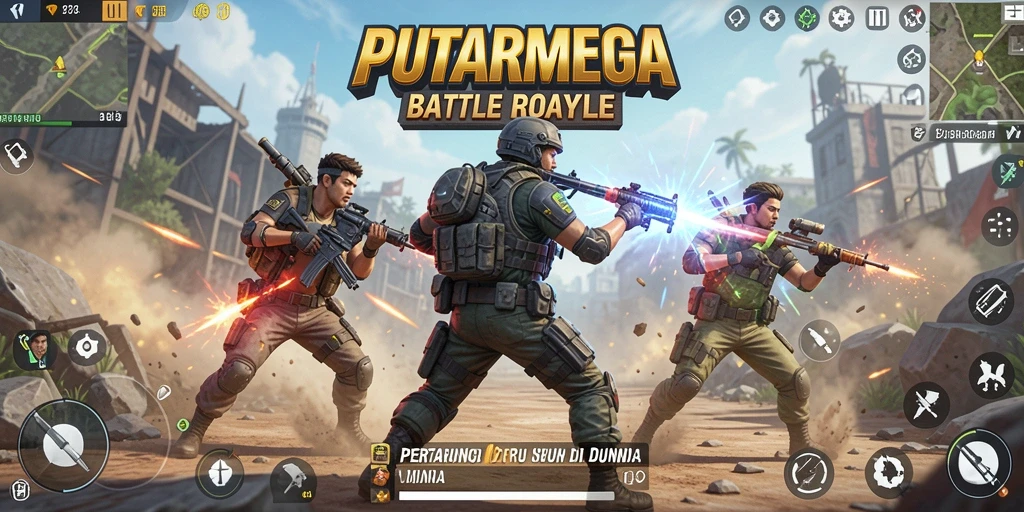 Tangkapan layar PUTARMEGA menampilkan adu tembak seru di arena Battle Royale.
