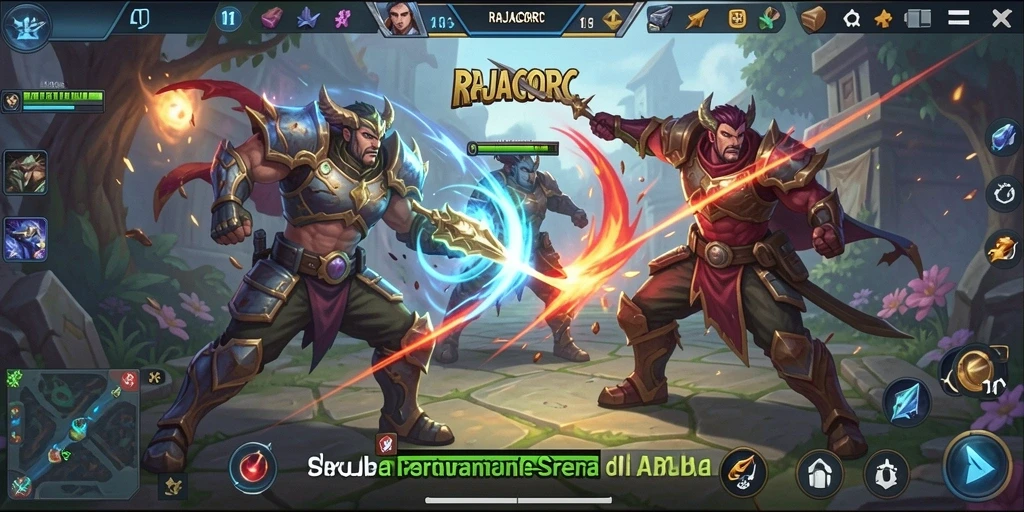 Tampilan screenshot gameplay seru RAJACORC di arena MOBA.