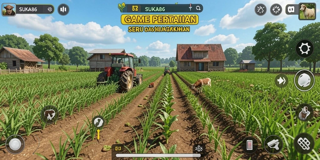 Tampilan gameplay pertanian yang warna-warni dan interaktif di SUKA86.