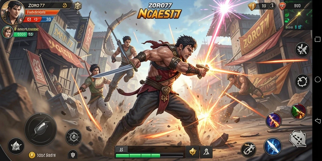 Screenshot gameplay ZORO77 menampilkan pertarungan seru dengan grafis memukau.